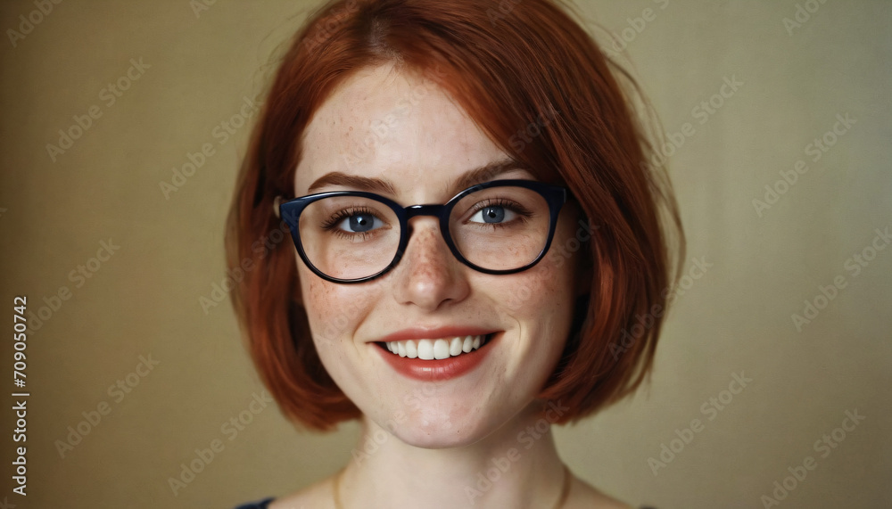 Young Charismatic Woman with Freckles, Bob-Cut Red Hair, and Sapphire Blue Eyes Wearing Glasses and Smiling in Soft Light Young Charismatic Woman with Freckles, Bob-Cut Red Hair, and Sapphire Blue Eyes Wearing Glasses and Smiling in Soft Light