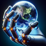 Main de robot humanoïde  saisissant un Globe Terrestre idéal pour articles sur le climat, la terre, l’environnement, la technologie, l'écologie, l'espace, l'univers	

