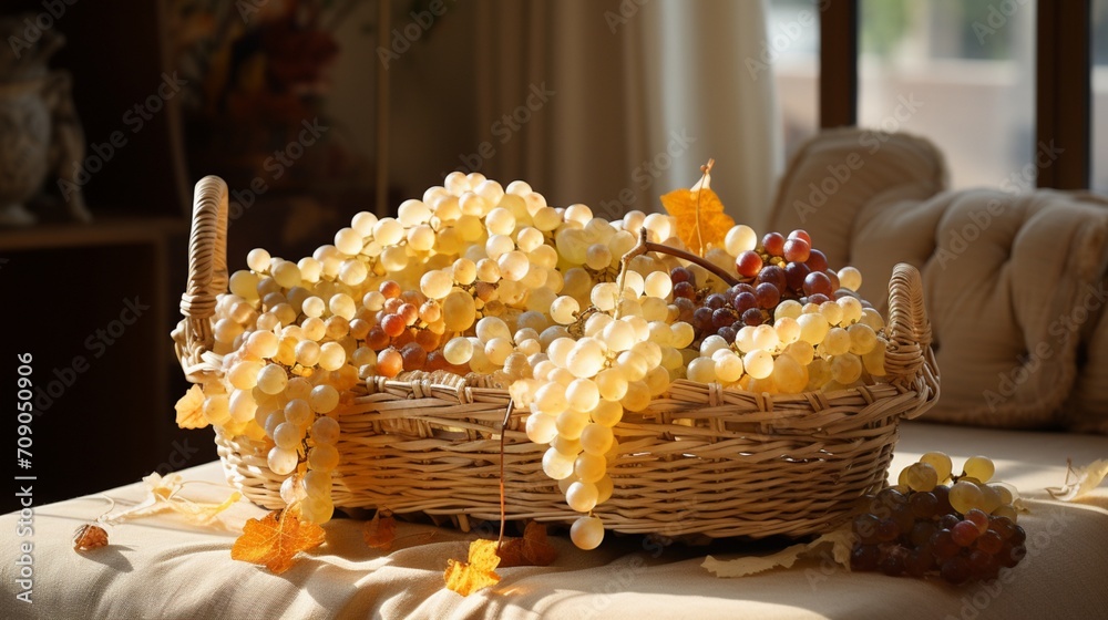 Grapes placed in a basket on table, in the style of multilayered dimensions - Generative AI Grapes placed in a basket on table, in the style of multilayered dimensions - Generative AI