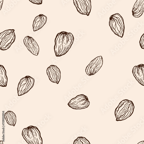 Vector seamless pattern of line art almond. Hand painted nuts on pastel beige background. Tasty food illustration for design, print, fabric or background.