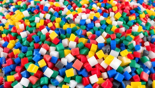 Recycled crushed plastic granules turned into new reused material. Plastic crossover. Recycled plastic with mixed colors.