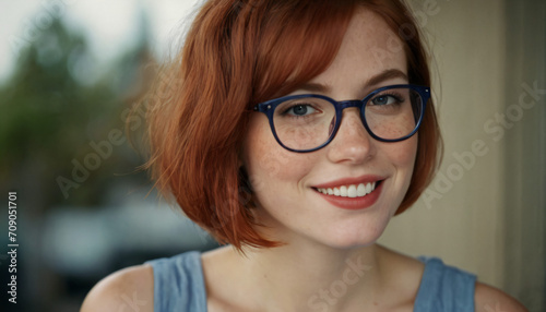 Young Charisma: Freckled Redhead Smiling in Soft Light with Bob-Cut and Glasses