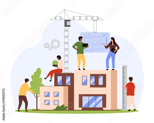 Construction of personal residence and house according to project. Team of builders, engineers and architects building family cottage, construction crane carrying blueprint cartoon vector illustration