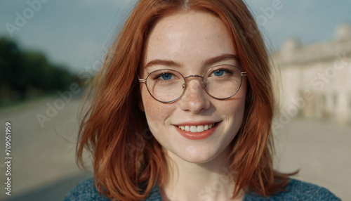 Young Charming Lady with Freckles, Bob-Cut Red Hair, and Sapphire Blue Eyes Smiling at the Camera