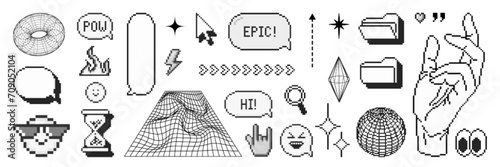 Set of pixel graphic shape and wireframe models. Halftone y2k design elements. Trendy vector illustration. 