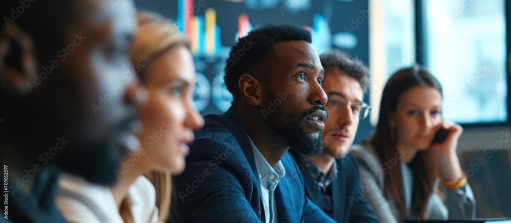 Diverse team of business professionals listen to CEO discuss design, data analysis, and marketing strategy in office conference. - obrazy, fototapety, plakaty 
