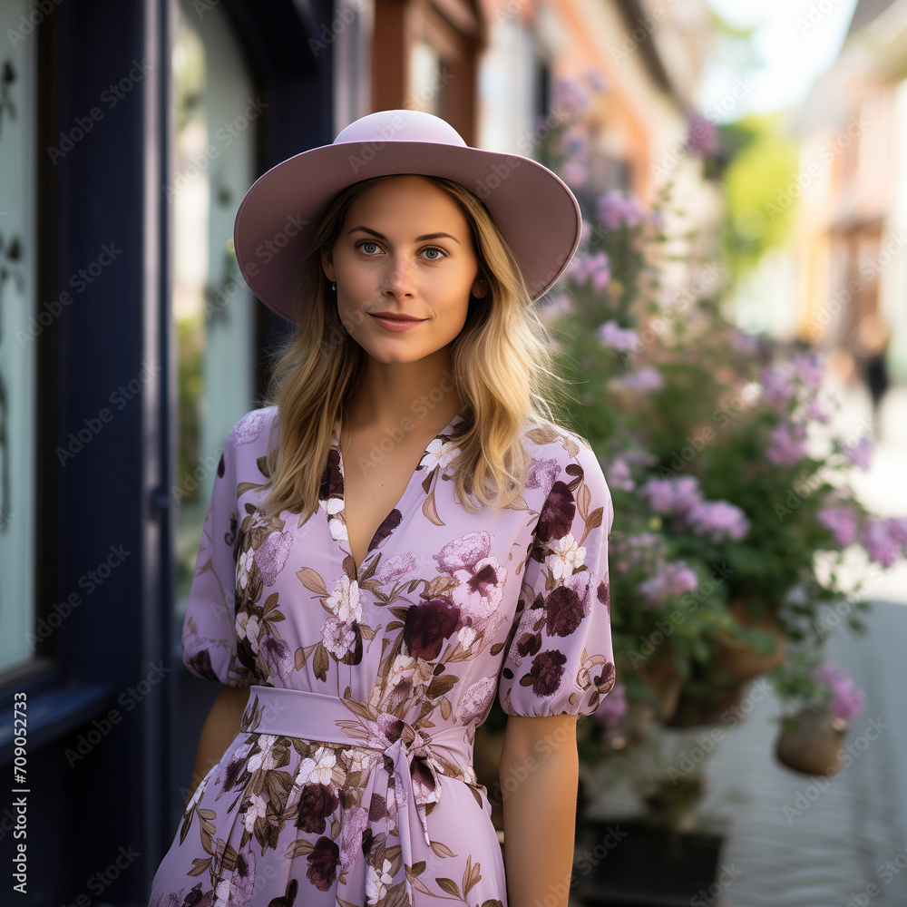 A woman in a dress and hat poses in front of the camera, in the style of the village core,