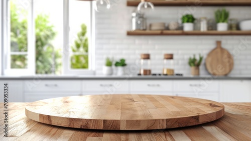 Empty beautiful round wood tabletop counter on interior in clean and bright kitchen background, Ready for display, Banner, for product montage 