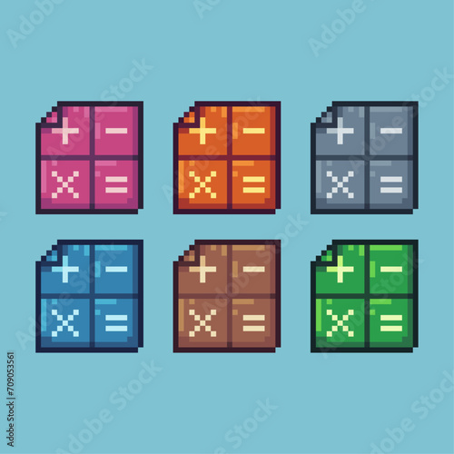 Pixel art sets icon of page math variation color.mathematic page icon on pixelated style. 8bits perfect for game asset or design asset element for your game design. Simple pixel art icon asset.