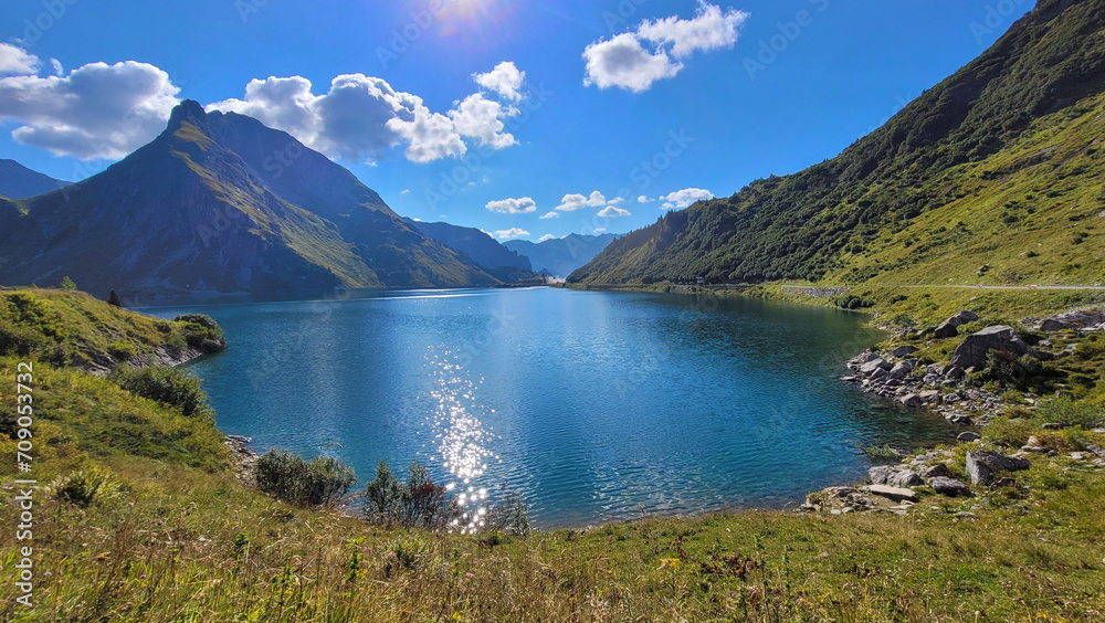 Picturesque Alpine Lake in Austria, Vorarlberg, Lech, water reflection