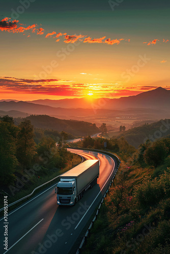 Cargo Truck Driving Through Landscape at Sunset, Evoking the Romance of Road Travel