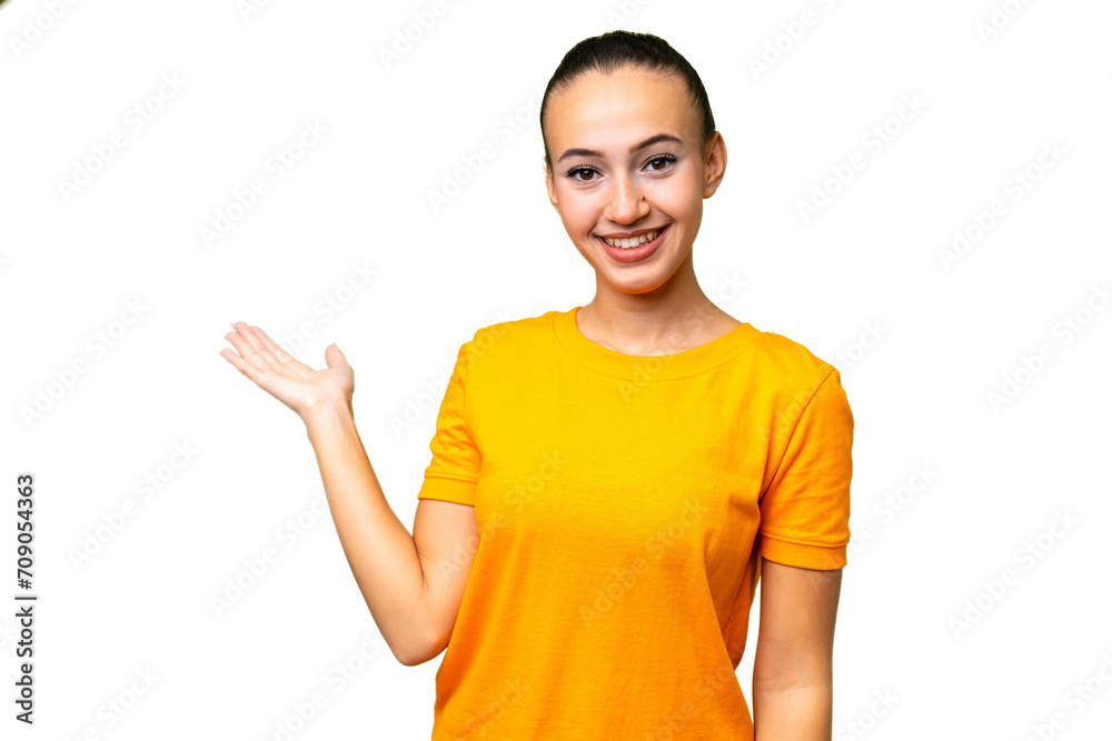 Young Arab woman over isolated background extending hands to the side for inviting to come