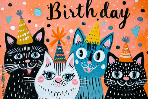 Happy birthday greeting card with cute cats. Text Happy Birthday