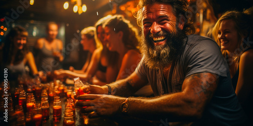 Amidst the hustle and bustle of the bar, this man's radiant smile captures the essence of pure satisfaction and relaxation after a long day. Let that smile be your inspiration for good times!