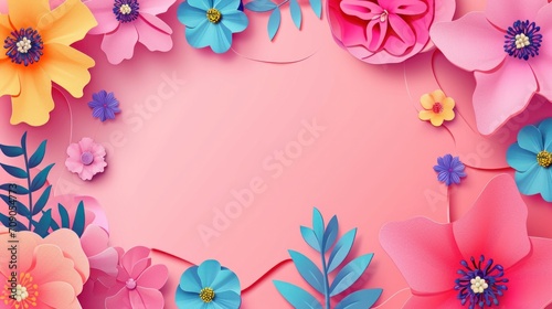 Women day background with frame flowers. 8 March invitation card. Vector illustration. Paper cut style   