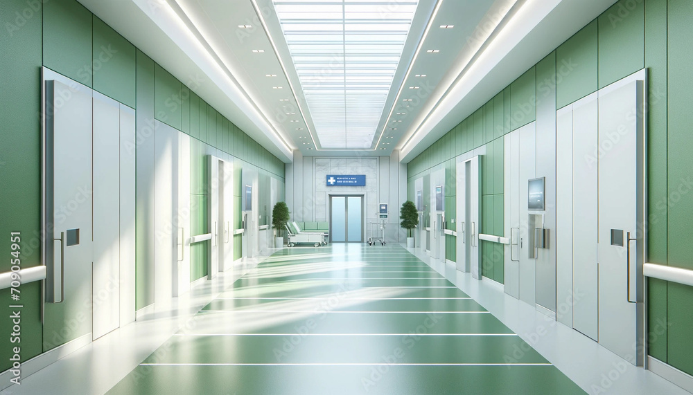 interior of an empty white hallway in a modern, bright hospital with green walls. The scene should depict a clean