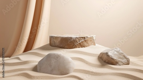 Rock podium on sand background for product presentation