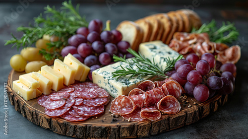 An artistic composition of a bread-themed charcuterie board, featuring a selection of sliced bread, artisanal cheeses, cured meats, and fresh fruits, creating an exquisite visual f photo