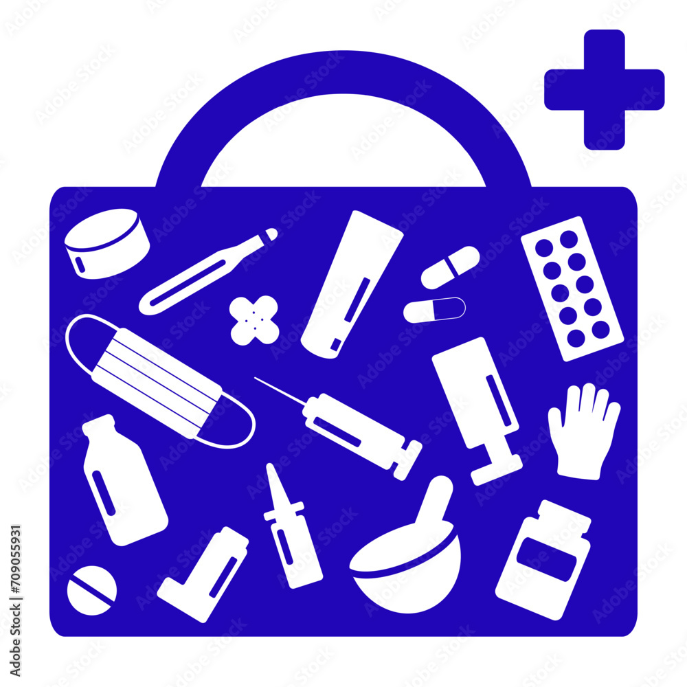 Fototapeta premium Bag with necessary pharmacy items. Antiseptic, syringe, mask, mortar, thermometer, patch, pills, inhaler, gloves, nasal spray. Blue and white. Flat vector illustration.