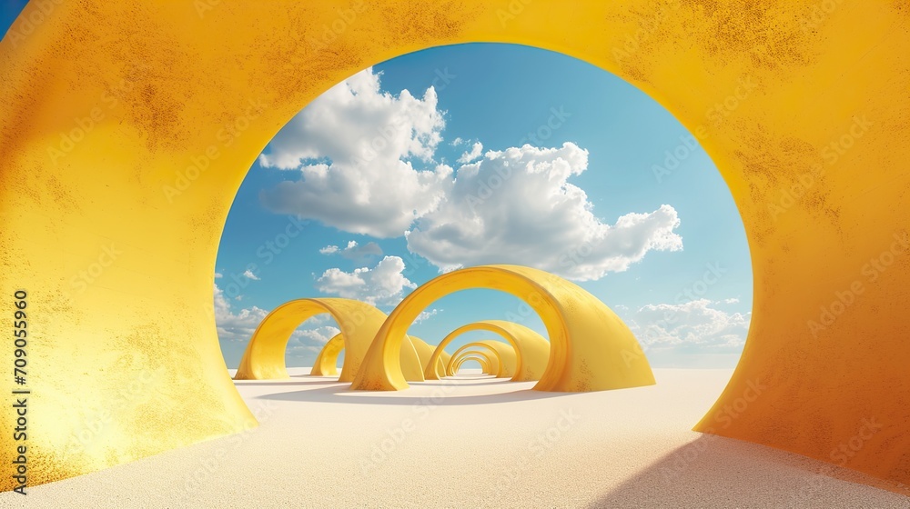 Obraz premium Surreal desert landscape with yellow arches and white clouds in the blue sky