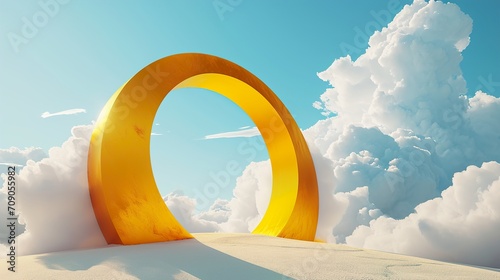 Surreal desert landscape with yellow arches and white clouds in the blue sky