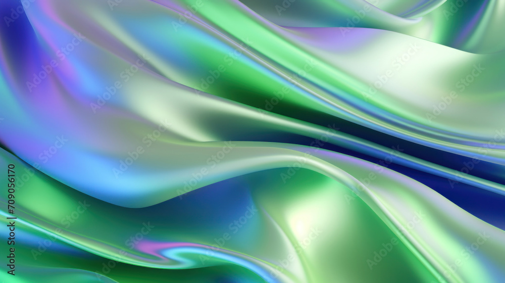 Fototapeta premium Smooth waves of silk in shades of green and blue with a fluid abstract design.