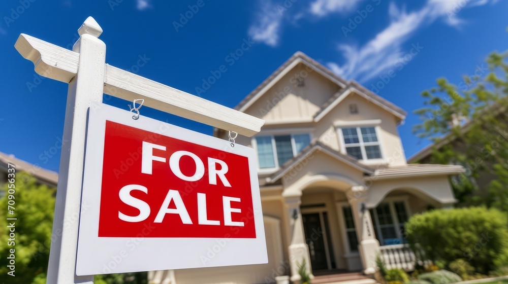 House for sale, SALE sign in front of Australian modern house. Real estate crisis concept. AI generated image. House for sale, SALE sign in front of Australian modern house. Real estate crisis concept. AI generated image.