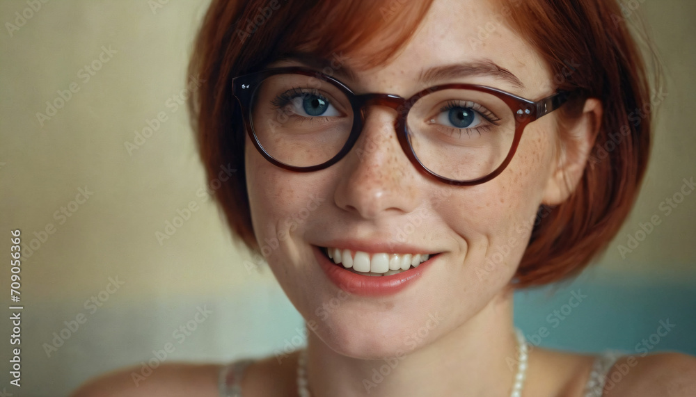Young Charming Lady with Freckles, Red Bob-Cut Hair, and Sapphire Blue Eyes - Elegant Headshot with Soft Light and Glasses Young Charming Lady with Freckles, Red Bob-Cut Hair, and Sapphire Blue Eyes - Elegant Headshot with Soft Light and Glasses