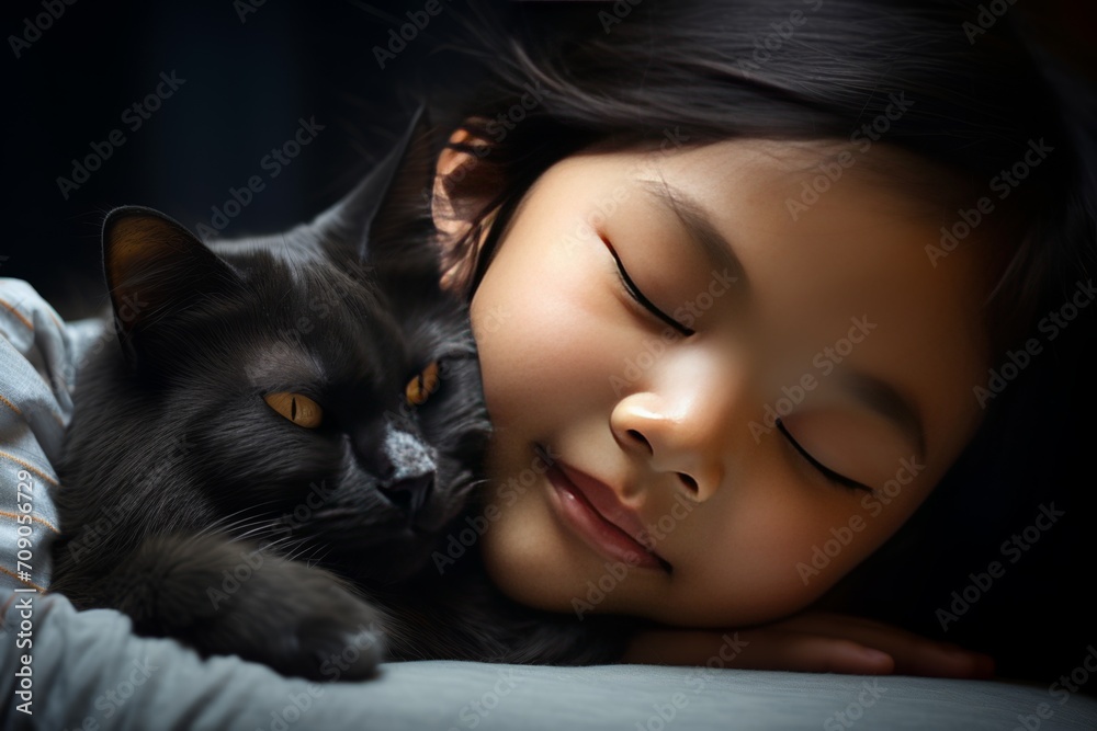 A little Asian boy sleeping next to a black kitten in bed. Children and animals. Living together with pets. Love for pets