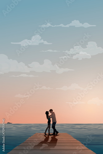 Silhouette of sweetheart embracing on the wooden pier have tropical blue sea and vanilla sky background vector illustration. Couple's journey concept flat design vertical shape have blank space.