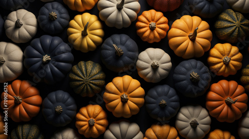 A variety of decorative pumpkins in a flat lay arrangement  showcasing an array of colors and textures for fall decoration.