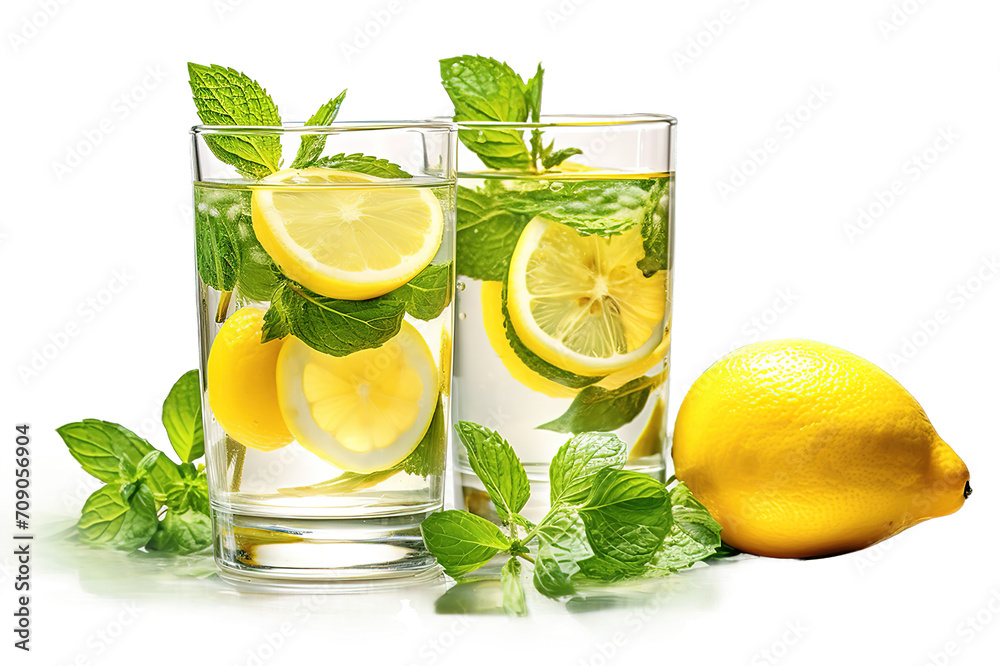 Cool freshly made lemonade and fruits on white wooden table Cool freshly made lemonade and fruits on white wooden table