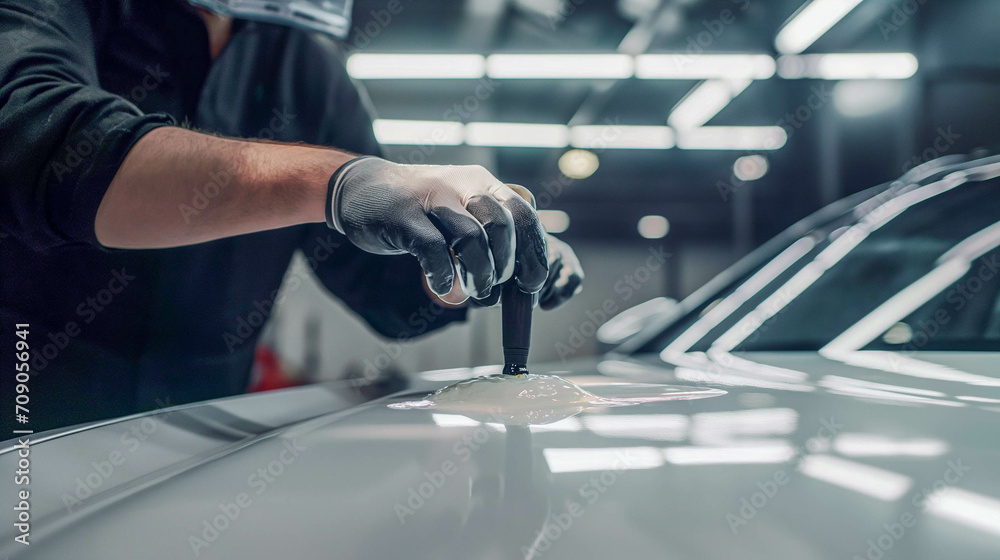 Automotive paint job in progress, blue paint being sprayed onto vehicle panel, protective gear worn by painter. Automotive paint job in progress, blue paint being sprayed onto vehicle panel, protective gear worn by painter.
