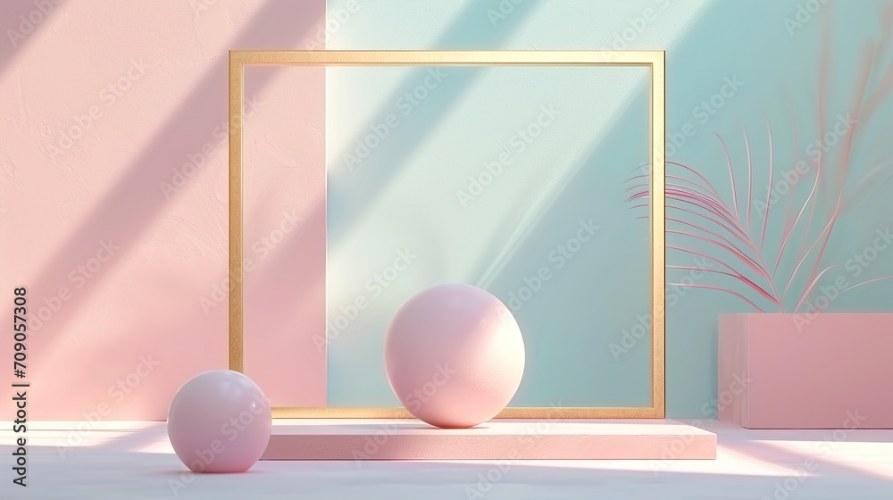 abstract background with geometric shapes and sunlight rays. Modern minimal showcase scene with golden square frame and empty podium for product abstract background with geometric shapes and sunlight rays. Modern minimal showcase scene with golden square frame and empty podium for product