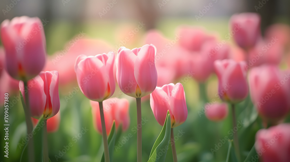 Fototapeta premium Close up buds of pink tulips fresh green leaves at blur green background copy space. Hollands tulip bloom in an orangery spring season. Floral wallpaper banner for floristry shop. Flowers concept.