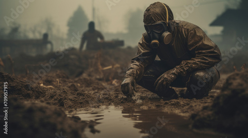 A gritty post-apocalyptic scene featuring a soldier in a gas mask carefully examining a contaminated environment.