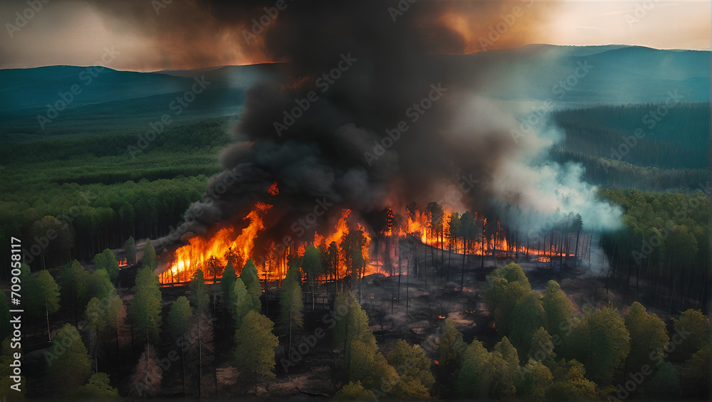 Illustration of a forest fire disaster, with trees ablaze at night. Destruction of nature due to a wildfire, showcasing the environmental damage caused by global warming. Earth destructon. No planet B