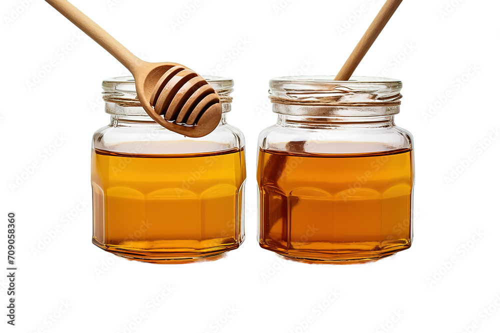 Jar of honey with a wooden drizzler on top. isolated on a Transparent background. Generative AI Jar of honey with a wooden drizzler on top. isolated on a Transparent background. Generative AI