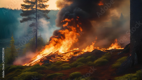 Illustration of a forest fire disaster, with trees ablaze at night. Destruction of nature due to a wildfire, showcasing the environmental damage caused by global warming. Earth destructon. No planet B © Jacqueline