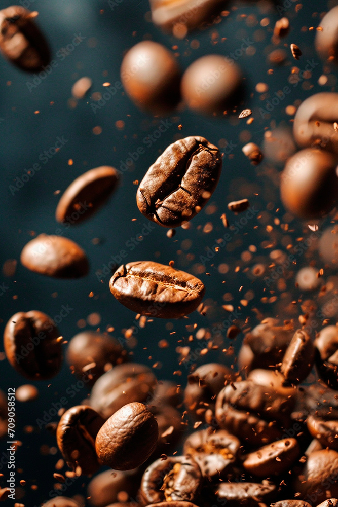 Coffee beans splash fresh. Selective focus. Coffee beans splash fresh. Selective focus.