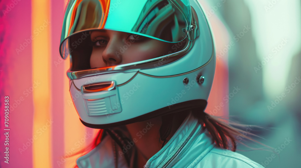 Beyond the Stars, Women in Futuristic Jackets and Helmets, suitable for magazine covers, wallpapers, websites, and advertisements.