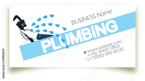 Wrench in hand and water drops faucet business card. Repair and service of plumbing and water supply