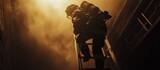 Firefighter climbing ladder in dark room with soft light, captured vertically.