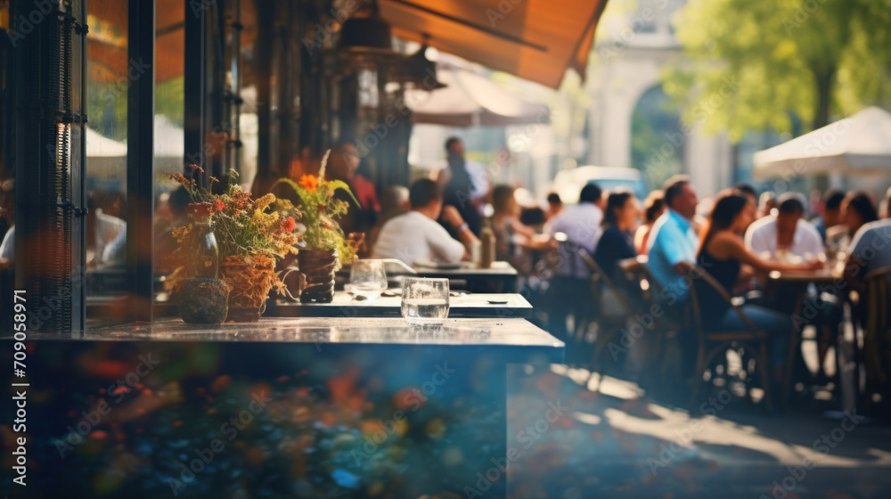 An outdoor restaurant patio bustles with diners enjoying meals and conversation in the warm, glowing sunlight of the day.