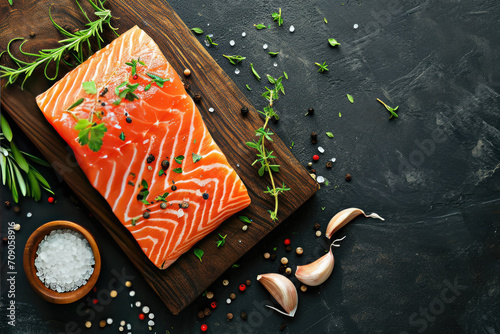 Close up of Fresh raw salmon fillet steak and sashimi on wooden board background, delicious food for dinner, healthy food, ingredients for cooking.