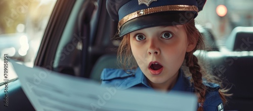 A young girl in a police uniform writes a traffic citation, appearing amazed and doubtful, with a sarcastic expression and wide-open mouth. photo