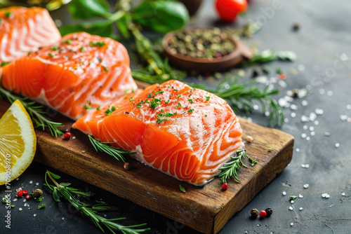 Close up of Fresh raw salmon fillet steak and sashimi on wooden board background, delicious food for dinner, healthy food, ingredients for cooking. photo