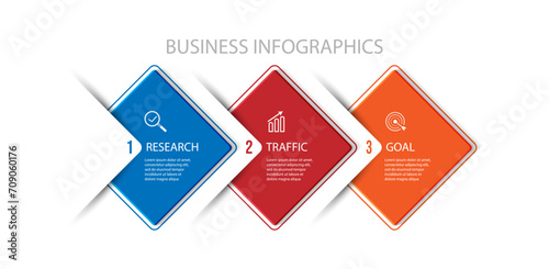 business infographic 3 parts or steps, there are icons, text, numbers. Can be used for presentation banners, workflow layouts, process diagrams, flow charts, infographics, your business presentations