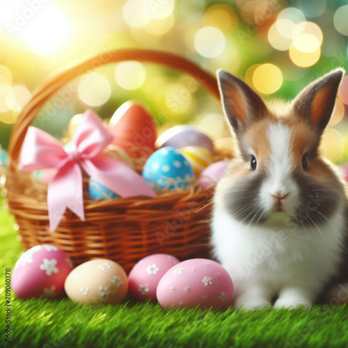 Happy bunny with many easter eggs on grass, blured bokeh background. ai generative