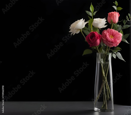 rose flower in glass vase on wooden table with black background